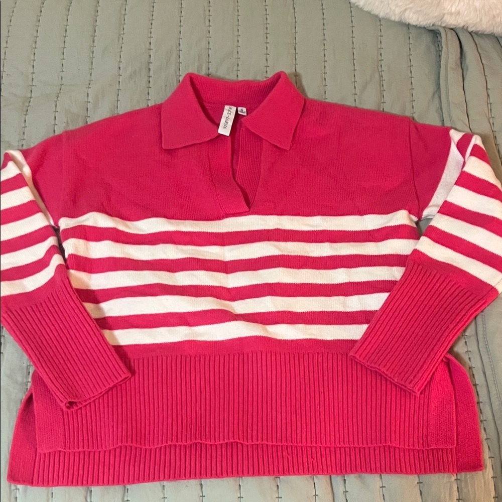 Pink and White Striped Polo-Style Sweater